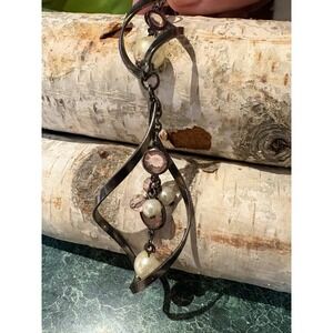 Gunmetal Twisted Spiral Long Drop Earrings Pink Crystal Faux Pearl Dangle Women